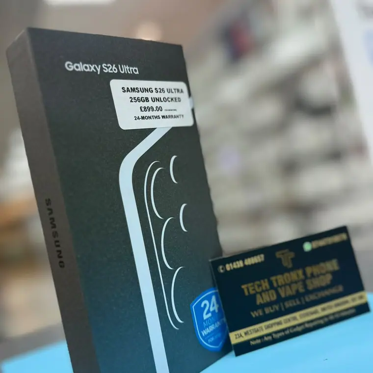Sealed Samsung Galaxy S26 Ultra box with its Tech Tronex price label